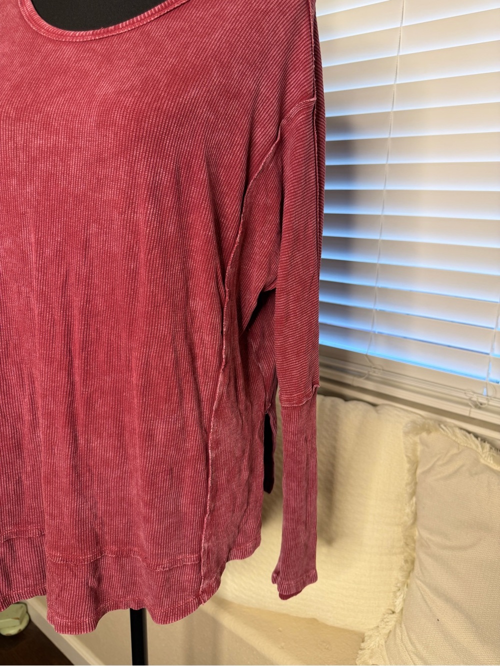 Easel Washed Ribbed Long Sleeve Oversized Boho Tunic Top - Raspberry Rose - Picture 3 of 7